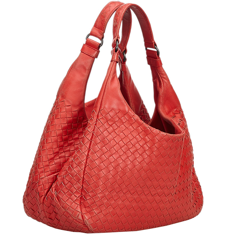 

Bottega Veneta Red Leather Intrecciato Campana Hobo Bag