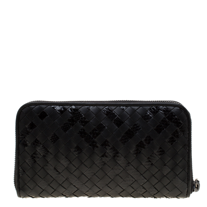 Bottega Veneta Black Intrecciato Leather and Python Zip Around Wallet