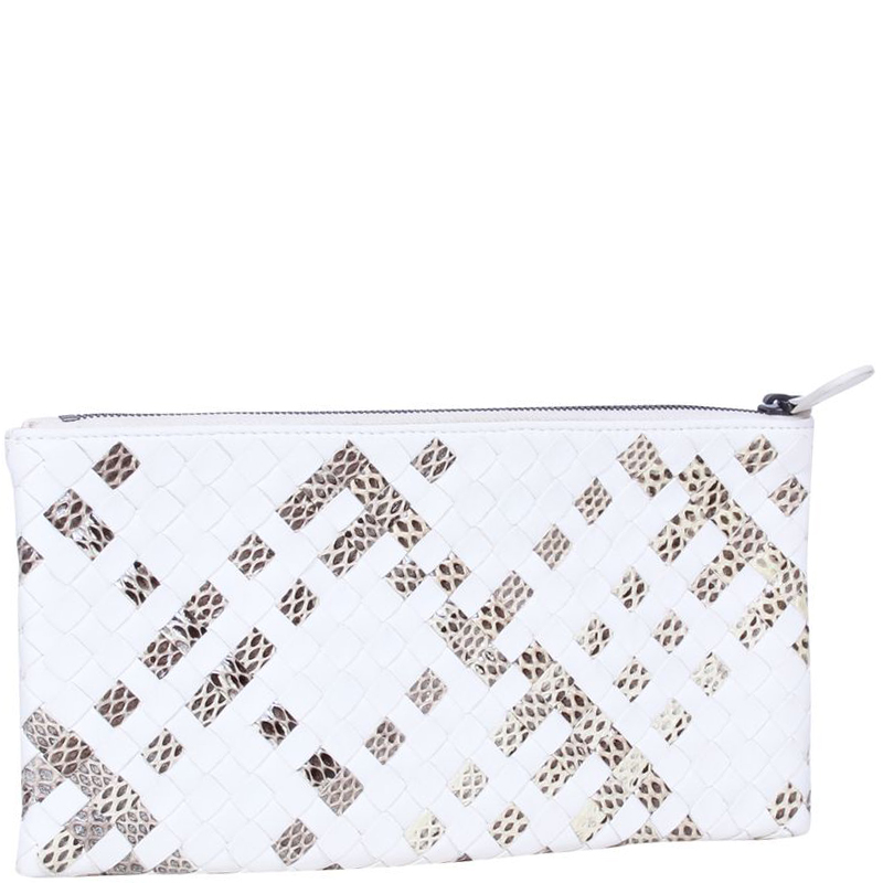 

Bottega Veneta Cream Snake Printed Woven Leather Clutch Bag, White
