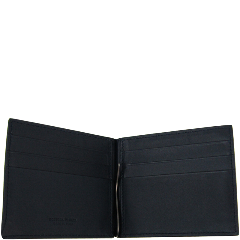 

Bottega Veneta Navy Blue Intrecciato Leather Money Clip Bifold Wallet