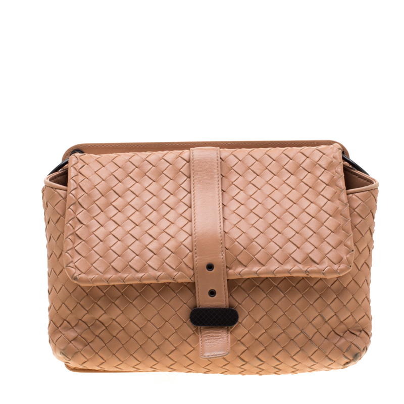 Pre Owned Bottega Veneta Pale Orange Intrecciato Leather Double Sided Flap Shoulder Bag