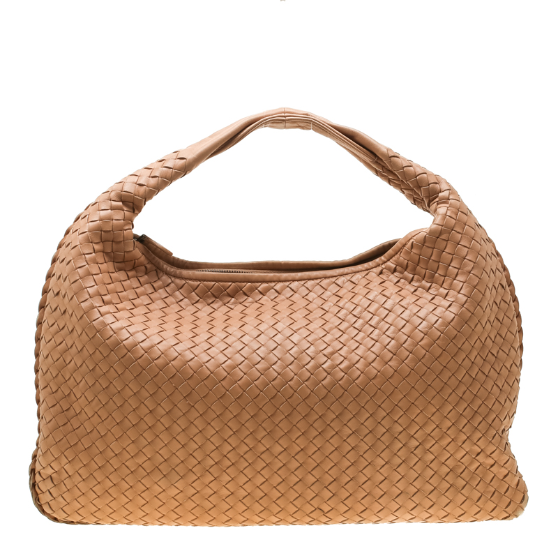 Pre Owned Bottega Veneta Peach Nappa Leather Intrecciato Large Veneta Hobo