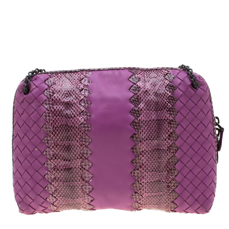 Bottega Veneta Purple Intrecciato Leather And Snakeskin Ayers Crossbody Bag