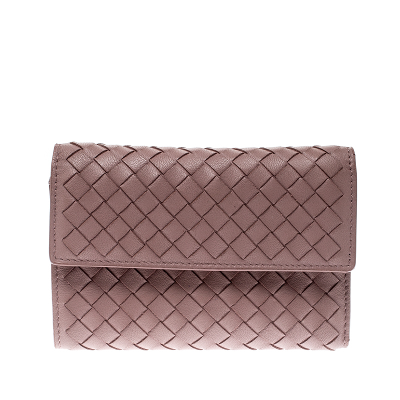 Pre Owned Bottega Veneta Nude Pink Intrecciato Leather Flap Compact Wallet