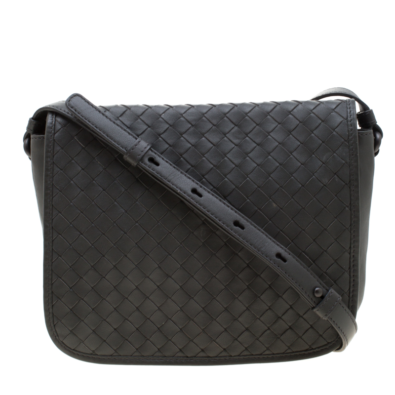 Pre Owned Bottega Veneta Grey Intrecciato Leather Crossbody Bag