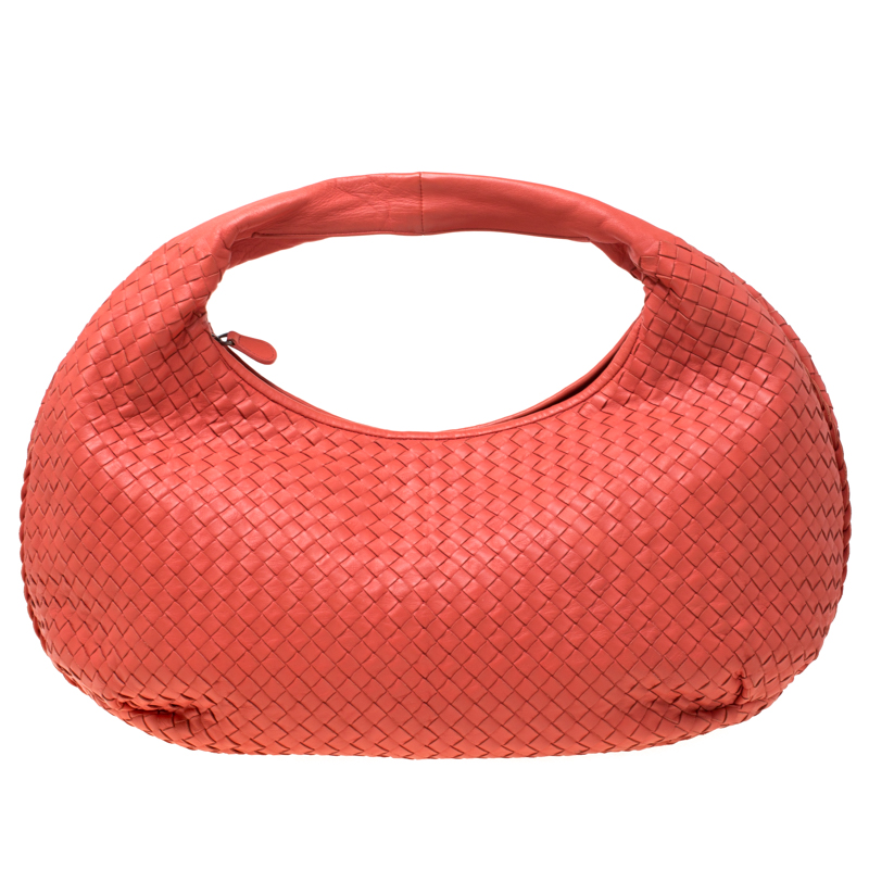 Pre Owned Bottega Veneta Coral Orange Intrecciato Leather Large Veneta Hobo