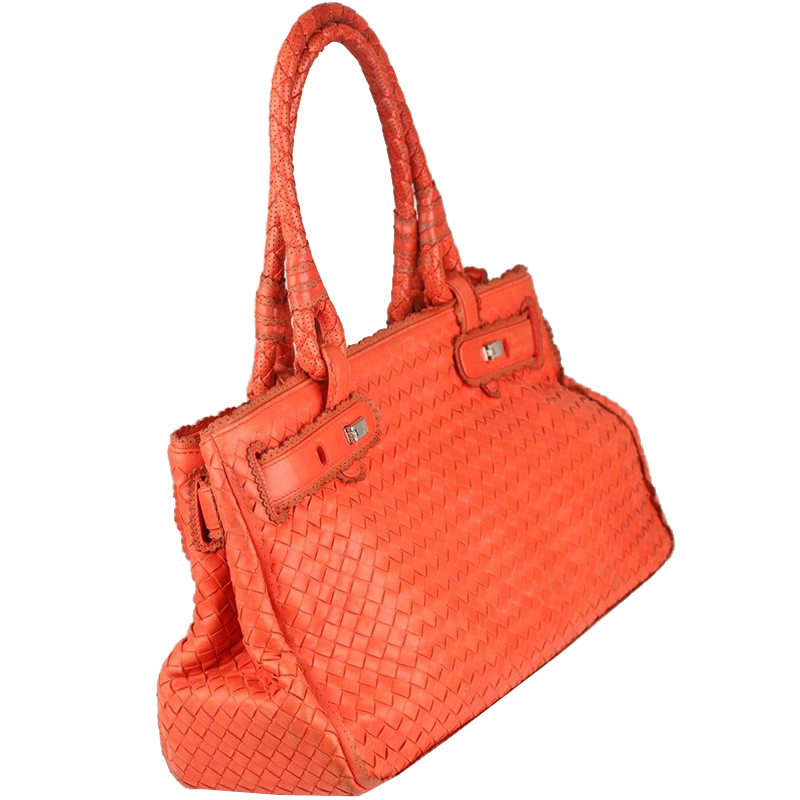 

Bottega Veneta Orange Intrecciato Woven Leather Satchel