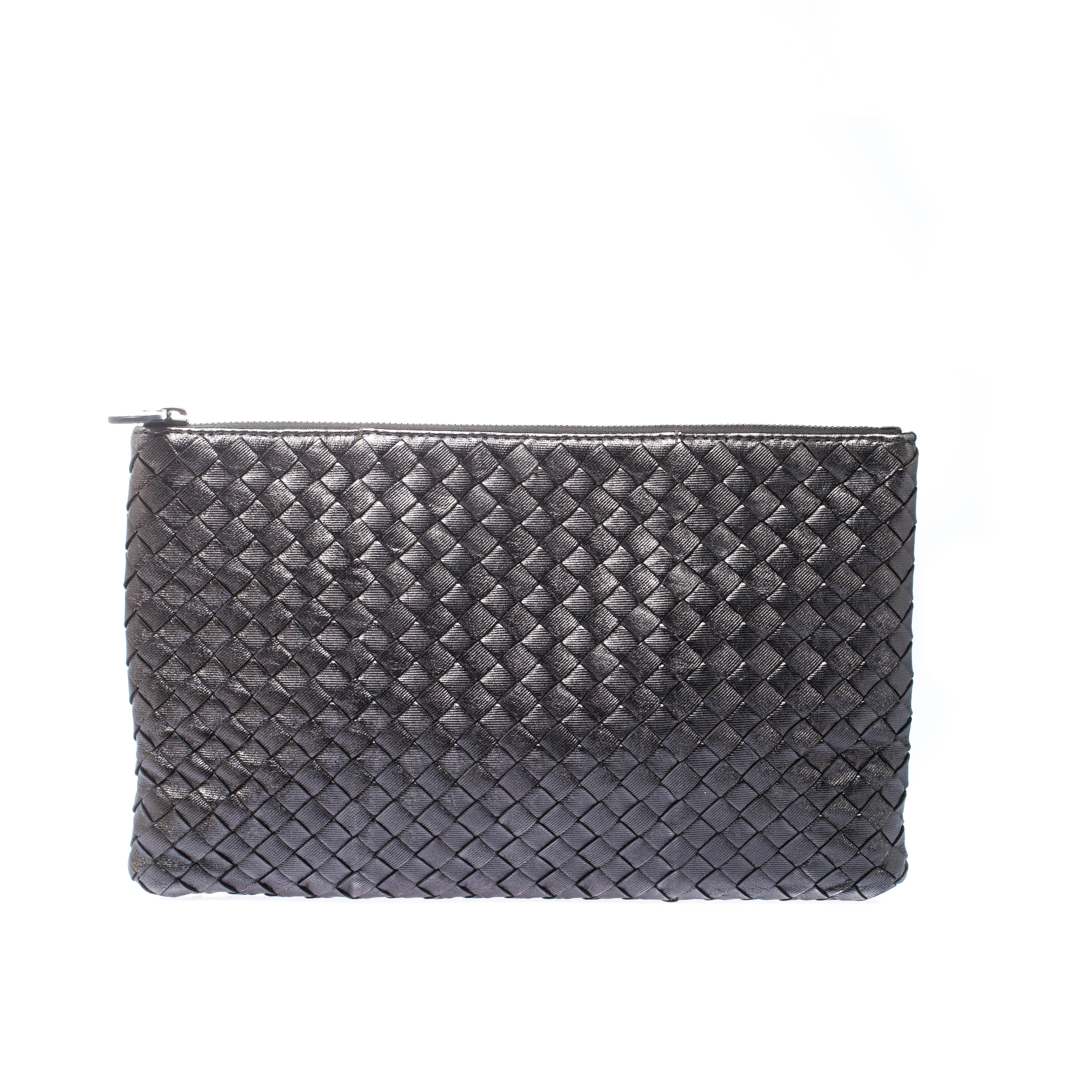Bottega Veneta Metallic Silver Leather Intercciato Nappa Pouch