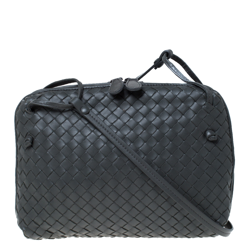 Bottega Veneta Grey Intrecciato Leather Double Zip Nodini Crossbody Bag