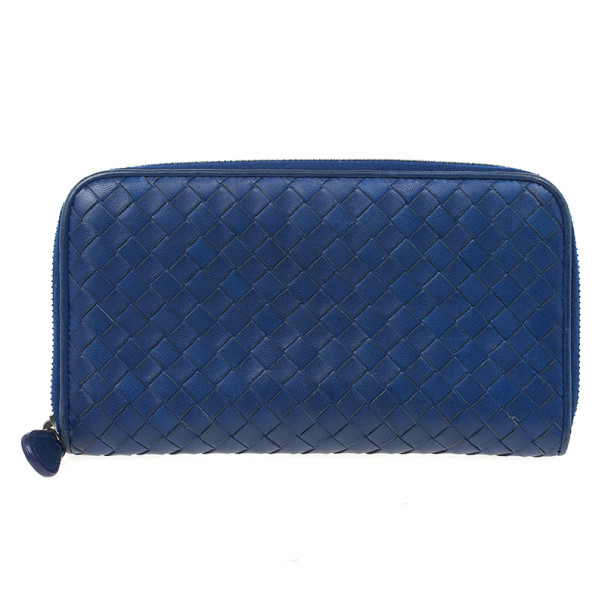 Pre Owned Bottega Veneta Blue Intrecciato Nappa Zip Wallet