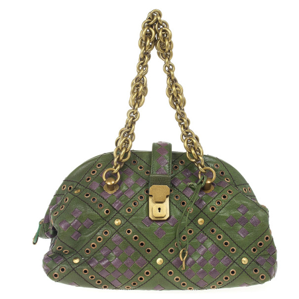 Bottega Veneta Green and Purple Intrecciato Bowling Bag