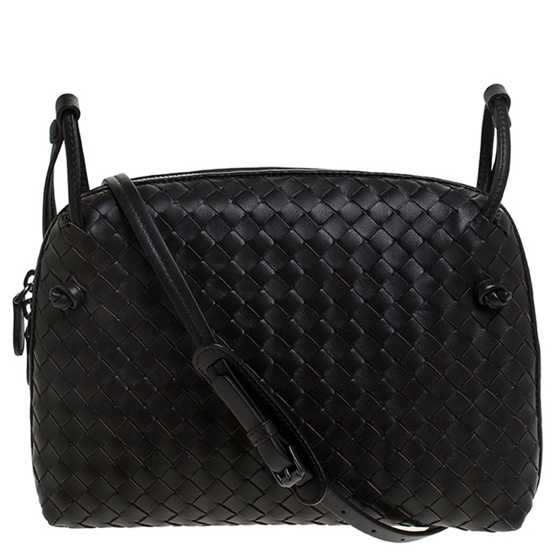 Pre Owned Bottega Veneta Dark Brown Intrecciato Leather Nodini Crossbody Bag