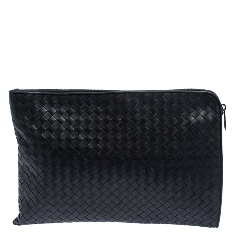 Bottega Veneta Dark Grey Intrecciato Leather Pouch