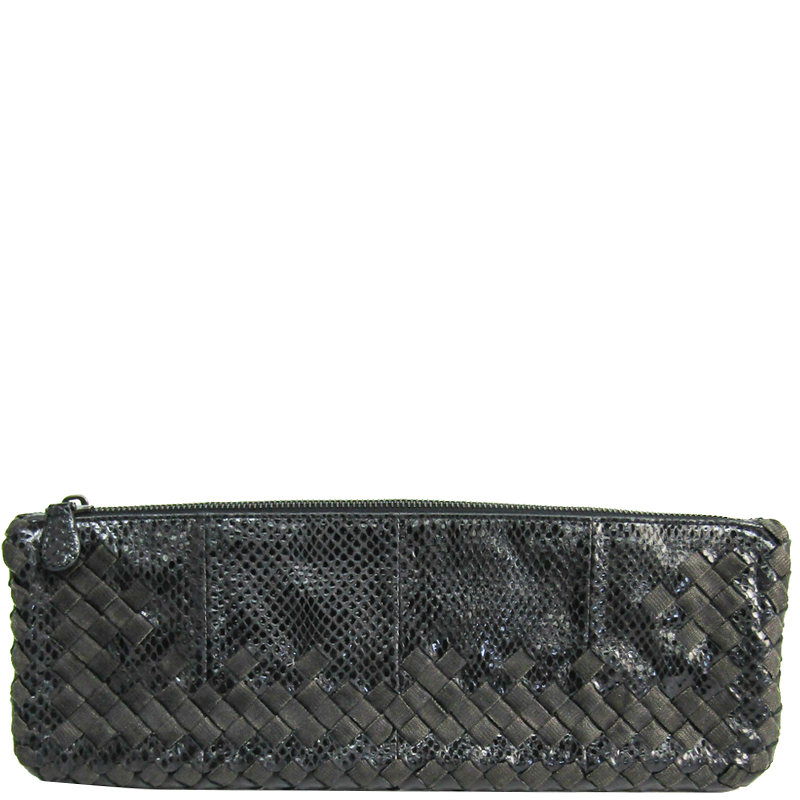 Pre Owned Bottega Veneta Black Intrecciato Snake Leather And Textile Clutch Bag
