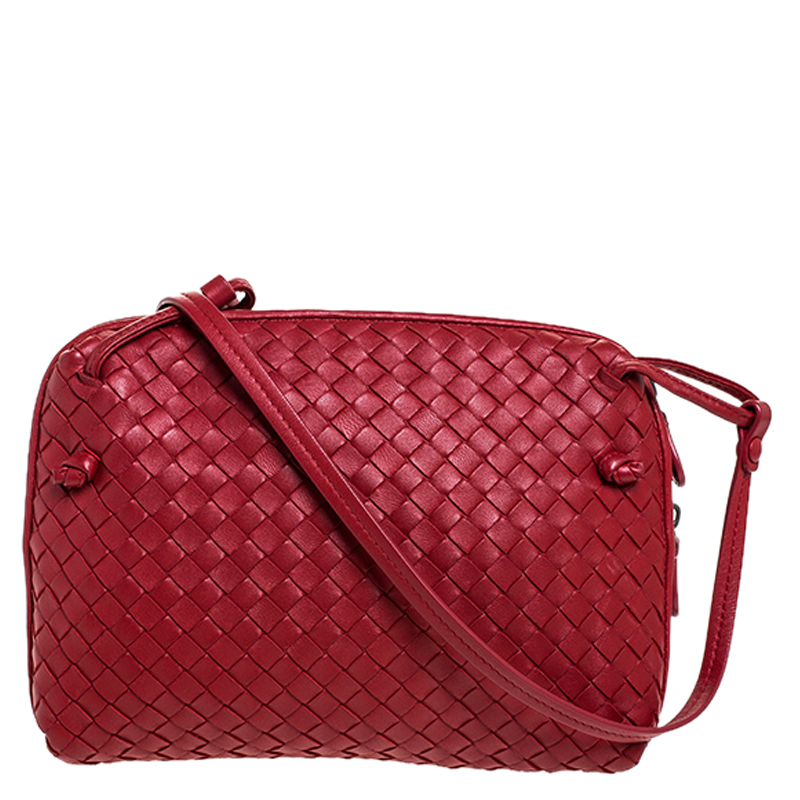 Pre Owned Bottega Veneta Red Intrecciato Leather Nodini Crossbody Bag