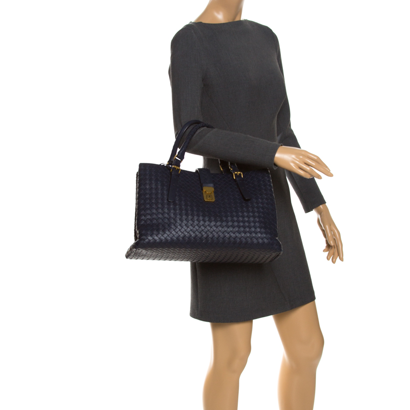 

Bottega Veneta Navy Blue Intrecciato Leather  Roma Tote