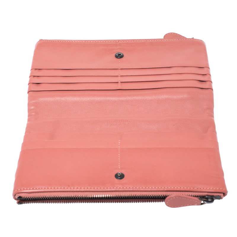 

Bottega Veneta Salmon Pink Intrecciato Leather Double Zip Wallet