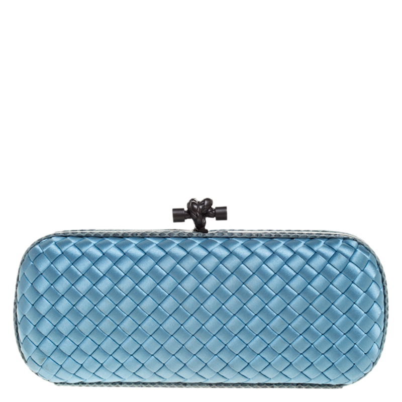 Pre Owned Bottega Veneta Sky Blue Intrecciato Satin and Python Stretch Knot Clutch