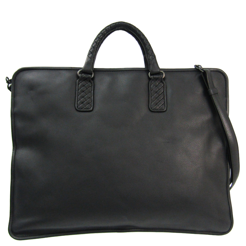 Pre-owned Bottega Veneta Black Leather And Intrecciato Handle Briefcase
