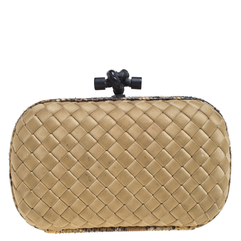Click to view more detailed imagery on our partner's website Bottega Veneta Beige Intrecciato Satin And Python Trim Knot Clutch