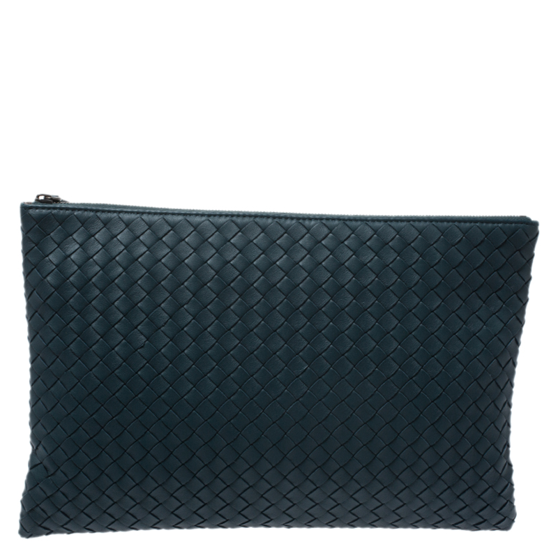 Pre Owned Bottega Veneta Teal Blue Intrecciato Leather Clutch