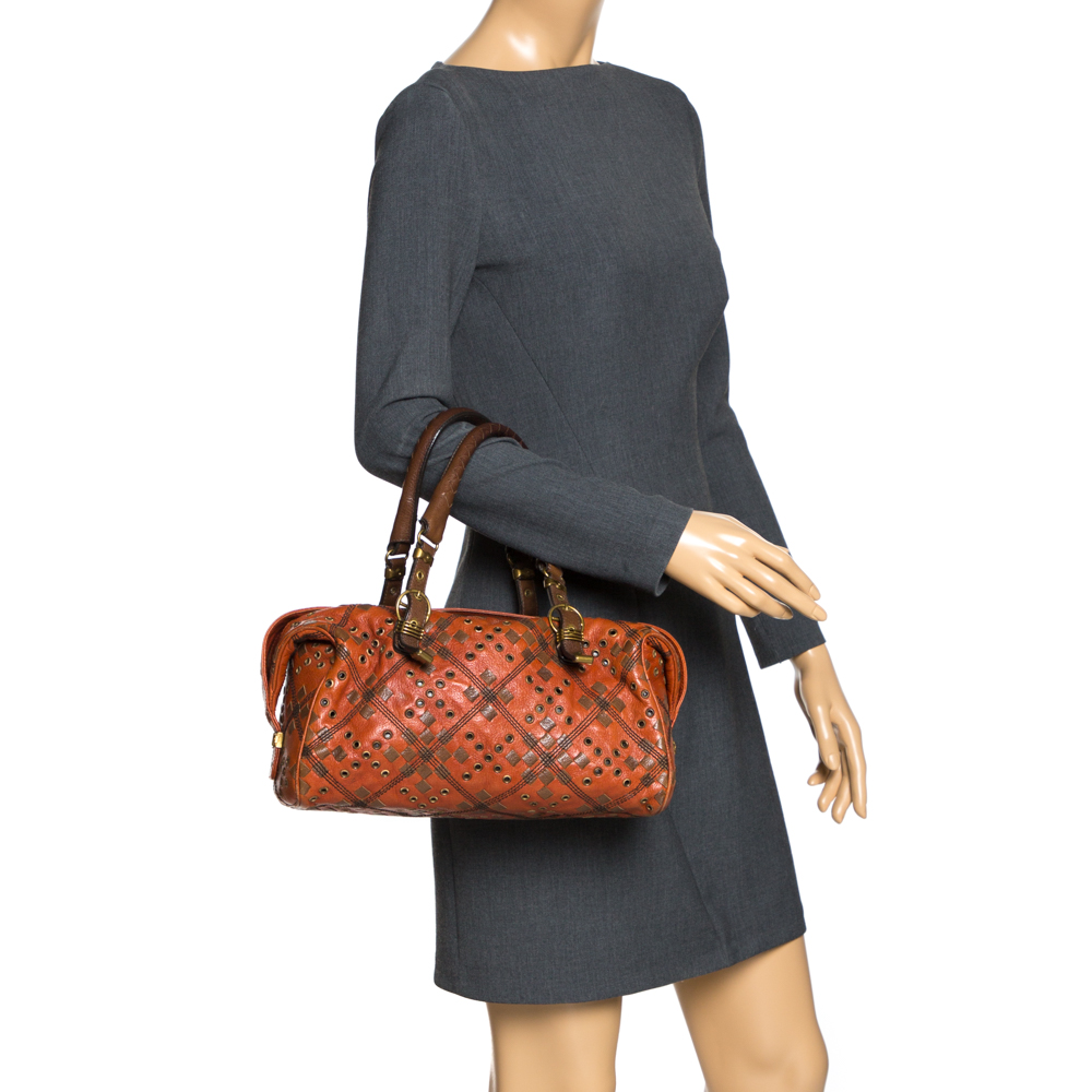 

Bottega Veneta Orange/Brown Leather Grommet Boston Bag