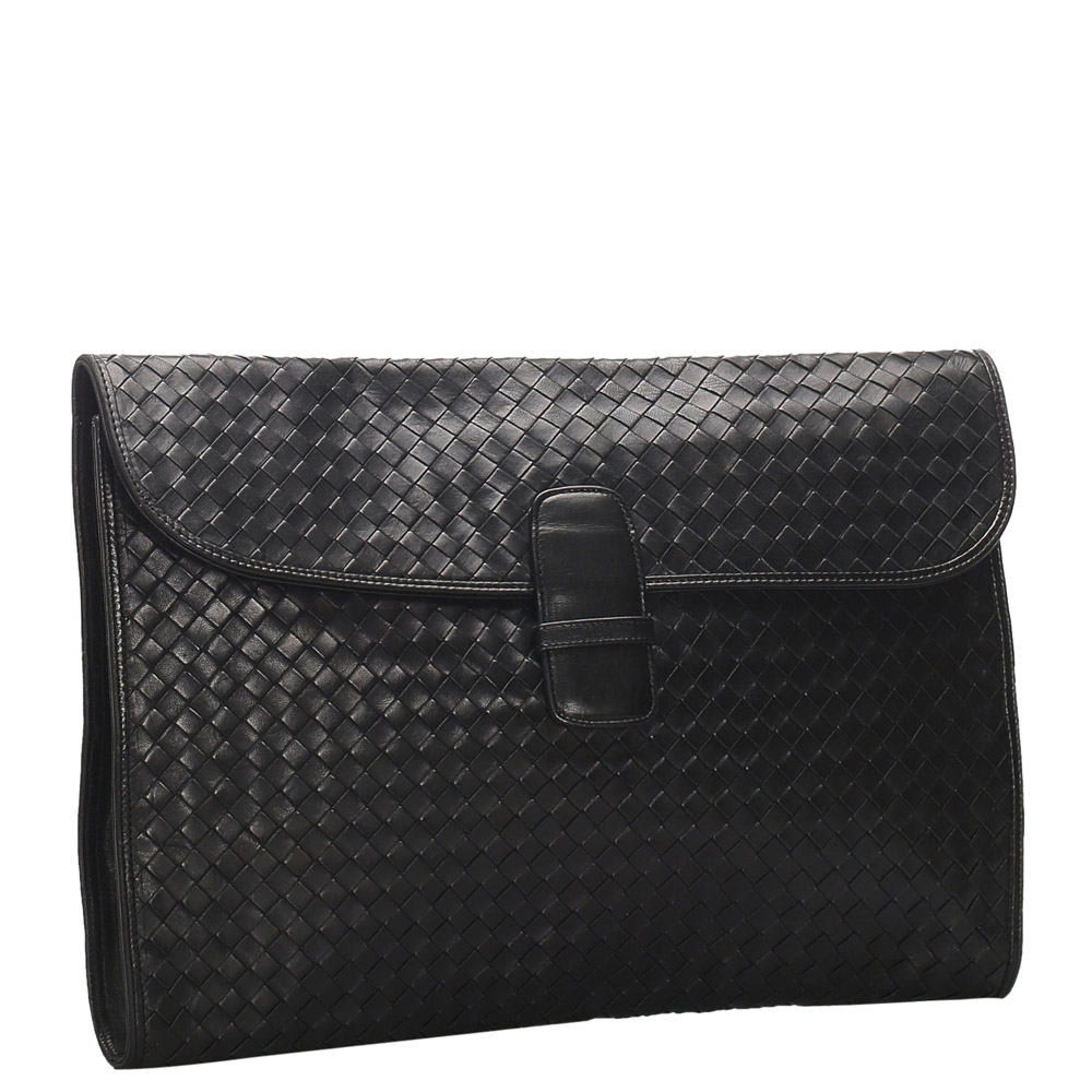 

Bottega Veneta Black Leather Intrecciato Clutch Bag