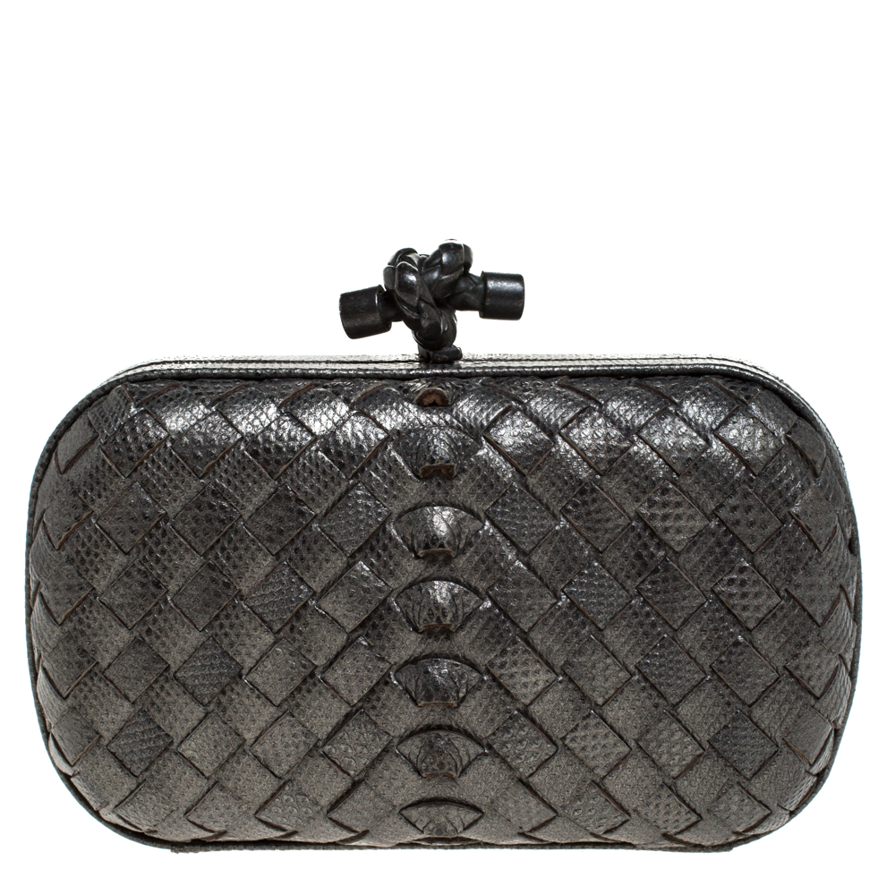 Pre Owned Bottega Veneta Metallic Grey Lizard Knot Clutch 