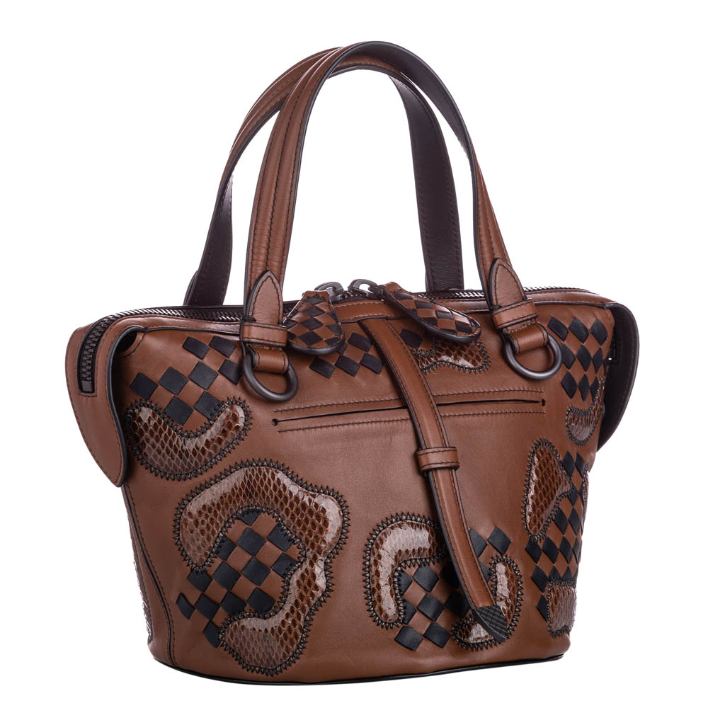 

Bottega Veneta Brown Paisley Checker Tambura Leather Bag