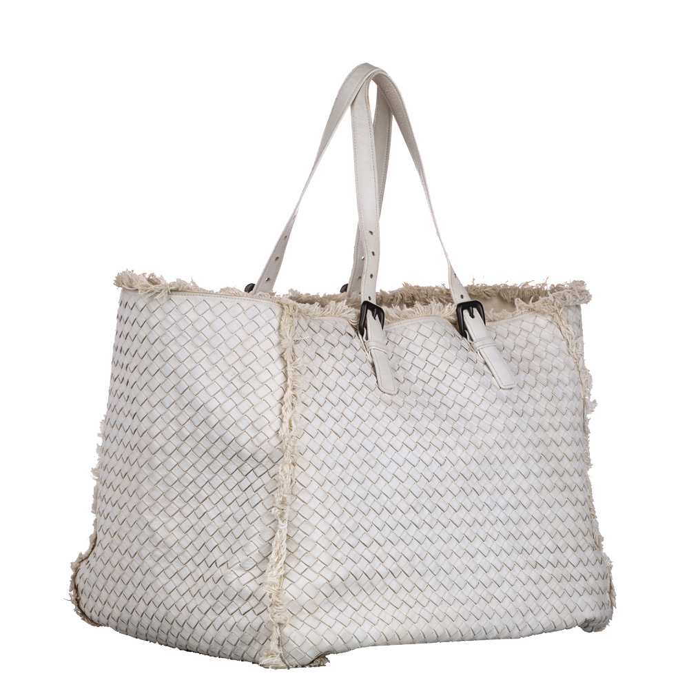 

Bottega Veneta White Intrecciato Leather Fringe Tote