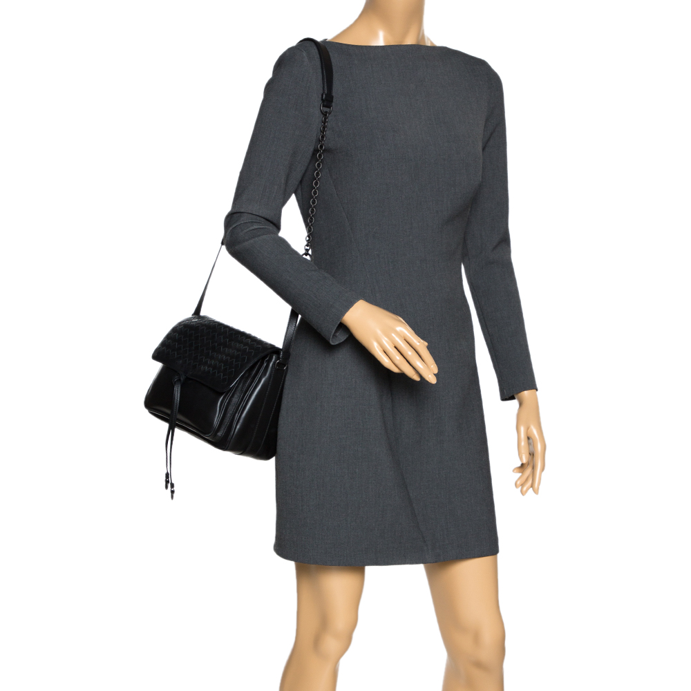 

Bottega Veneta Black Intrecciato Leather Flap Shoulder Bag