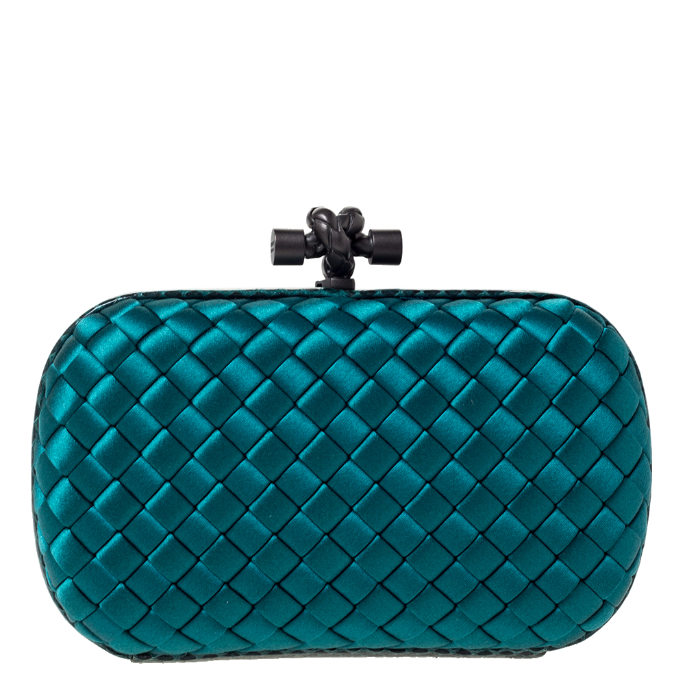 Pre Owned Bottega Veneta Emerald Green Satin and Snakeskin Trim Knot Clutch