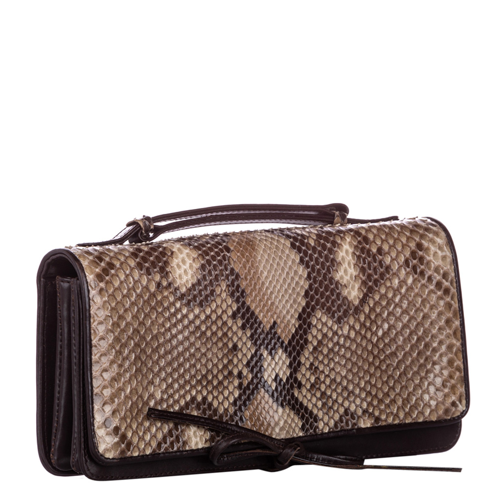 

Bottega Veneta Brown Snakeskin Leather Flap Clutch, Black