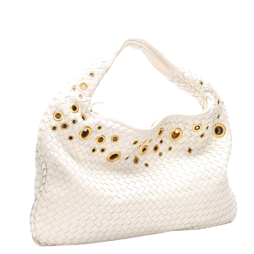 

Bottega Veneta White Intrecciato Grommet Leather Hobo Bag