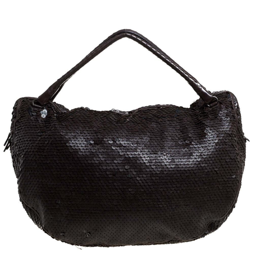 Click to view more detailed imagery on our partner's website Pre-owned Bottega Veneta Dark Brown Sequins Leather Ebano Paillette Hobo