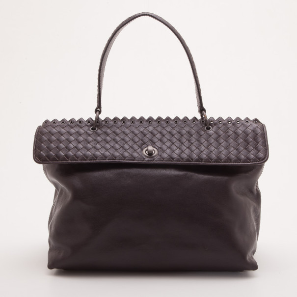 Pre Owned Bottega Veneta Brown Leather Woven Flap Satchel