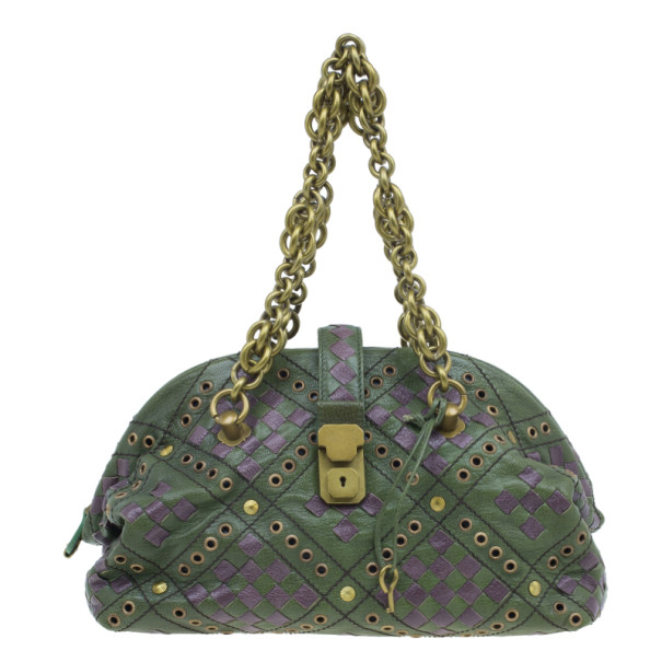 Bottega Veneta Green and Purple Intrecciato Leather Bowling Bag