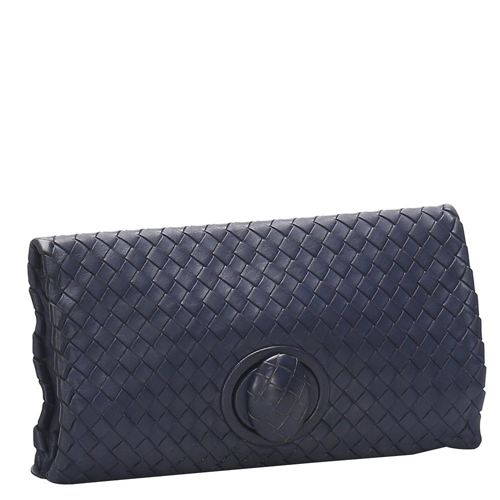 

Bottega Veneta Blue Leather Intrecciato Clutch Bag