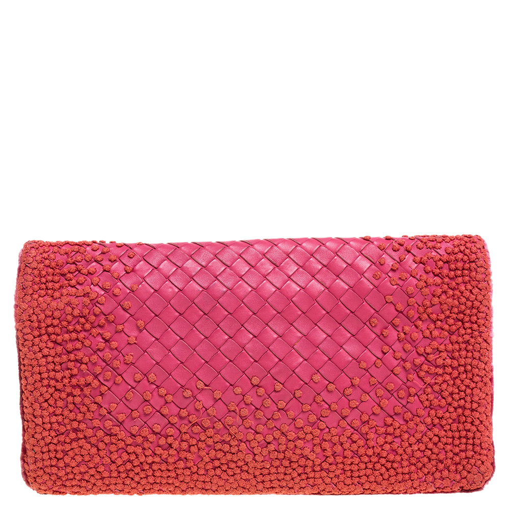 Pre Owned Bottega Veneta Pink Intrecciato Embroidered Leather Clutch