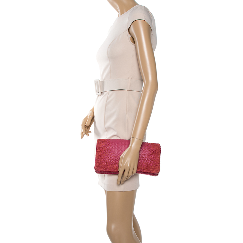 

Bottega Veneta Pink Intrecciato Embroidered Leather Clutch