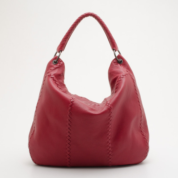 Pre Owned Bottega Veneta Red Washed Cervo Leather Hobo