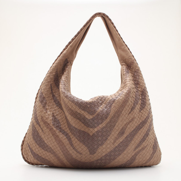Pre Owned Bottega Veneta Zebra Stripe Large Veneta Woven Hobo 