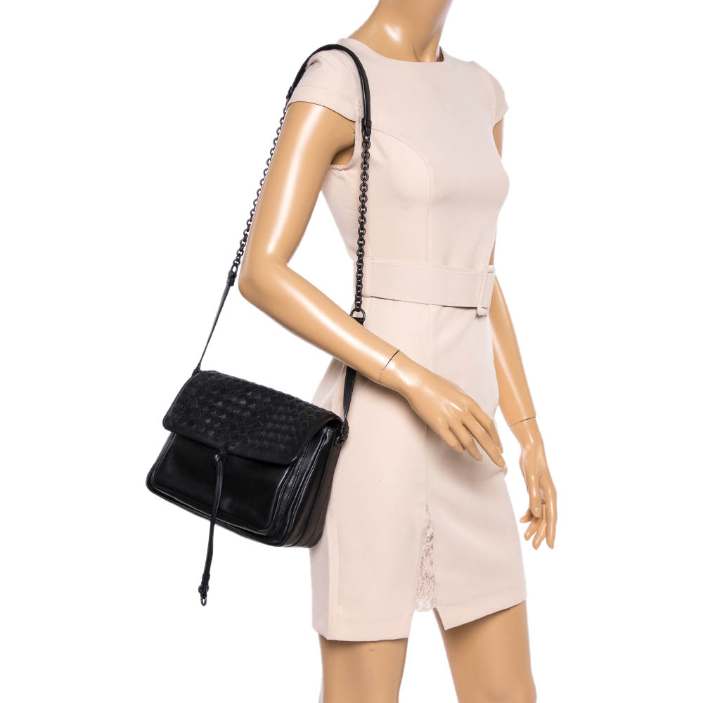 

Bottega Veneta Black Intrecciato Leather Flap Shoulder Bag