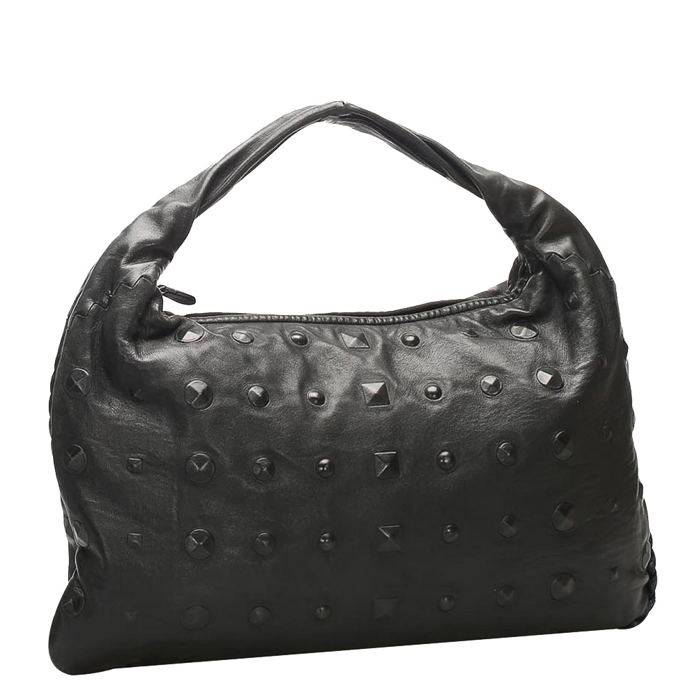 

Bottega Veneta Black Studded Leather Hobo Bag