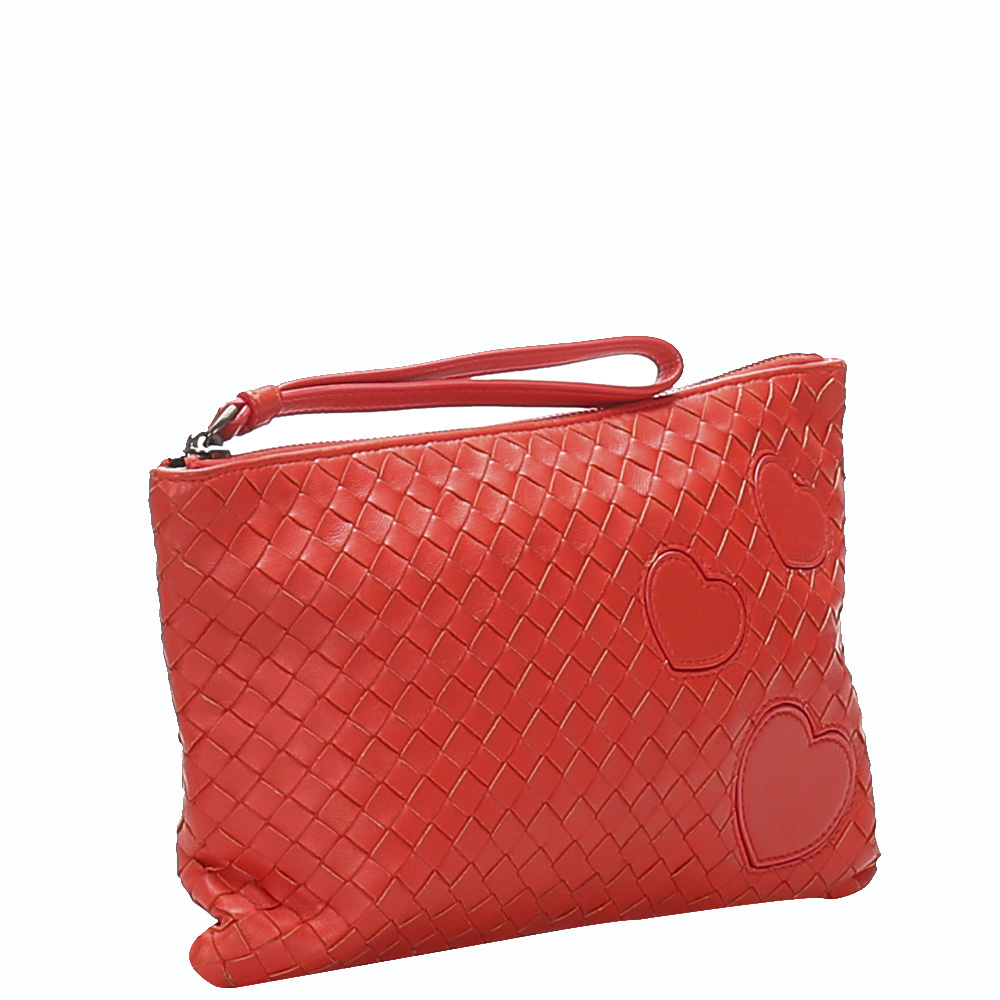 

Bottega Veneta Red Leather Intrecciato Hearts Clutch Bag