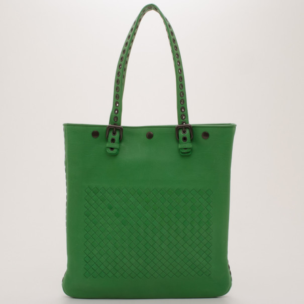 Pre Owned Bottega Veneta Esperanza Intrecciato Shiny Calf Aquatre Bag 