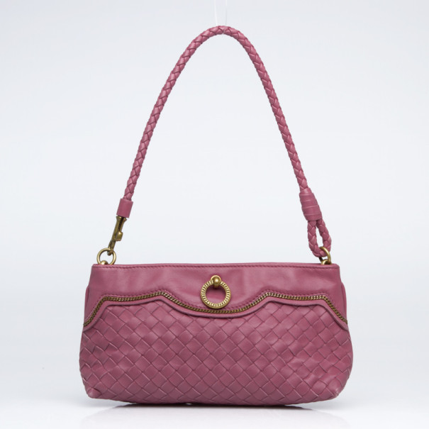 Pre Owned Bottega Veneta Small Pink Woven Leather Shoulder  Bag