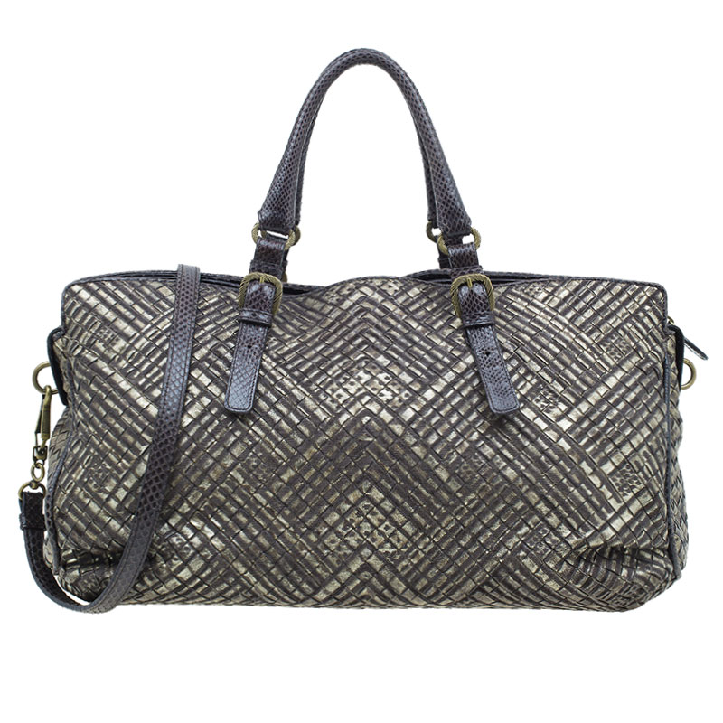 Pre Owned Bottega Veneta Metallic Gold Leather/Python Limited Edition Intrecciato Satchel
