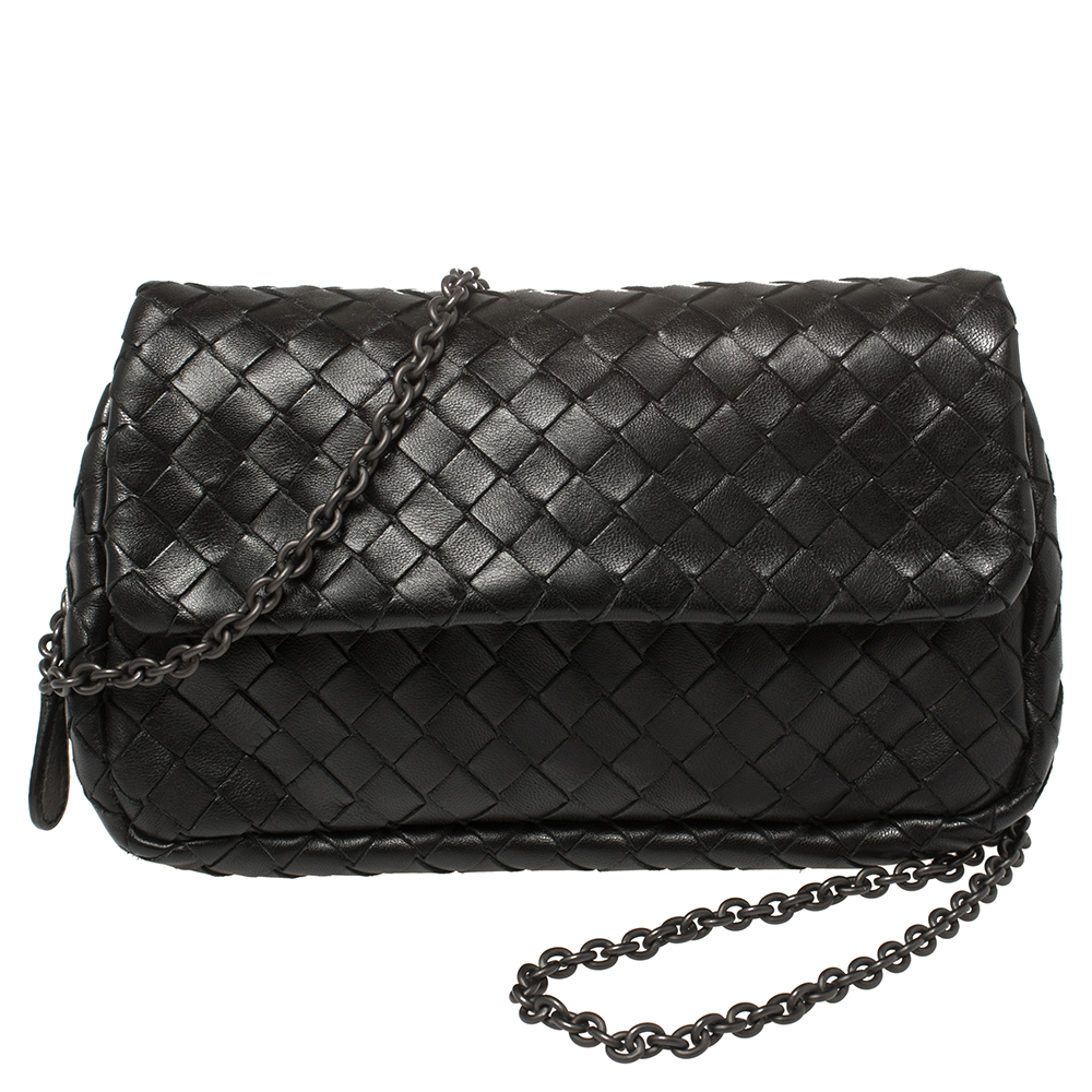 Pre-owned Bottega Veneta Black Intrecciato Leather Flap Chain Crossbody Bag