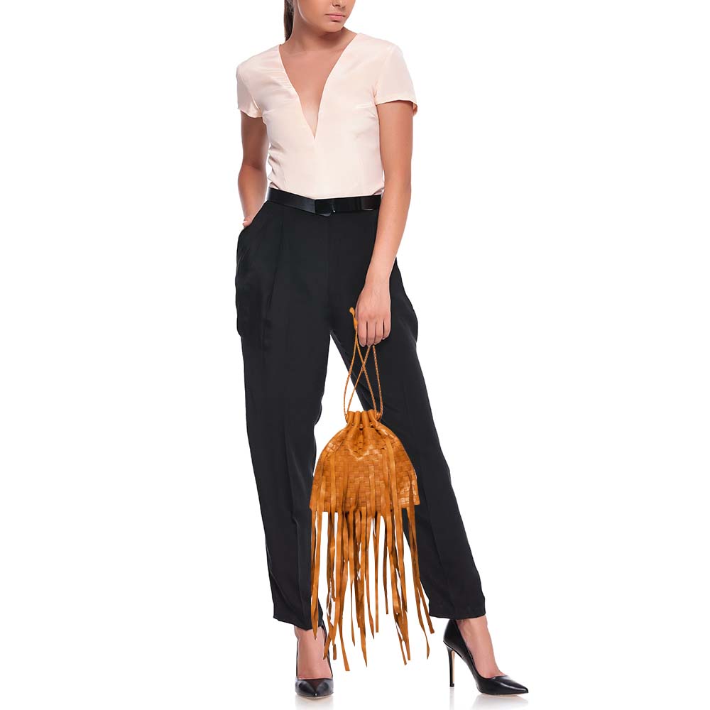 

Bottega Veneta Brown Leather Fringe Drawstring Bucket Bag